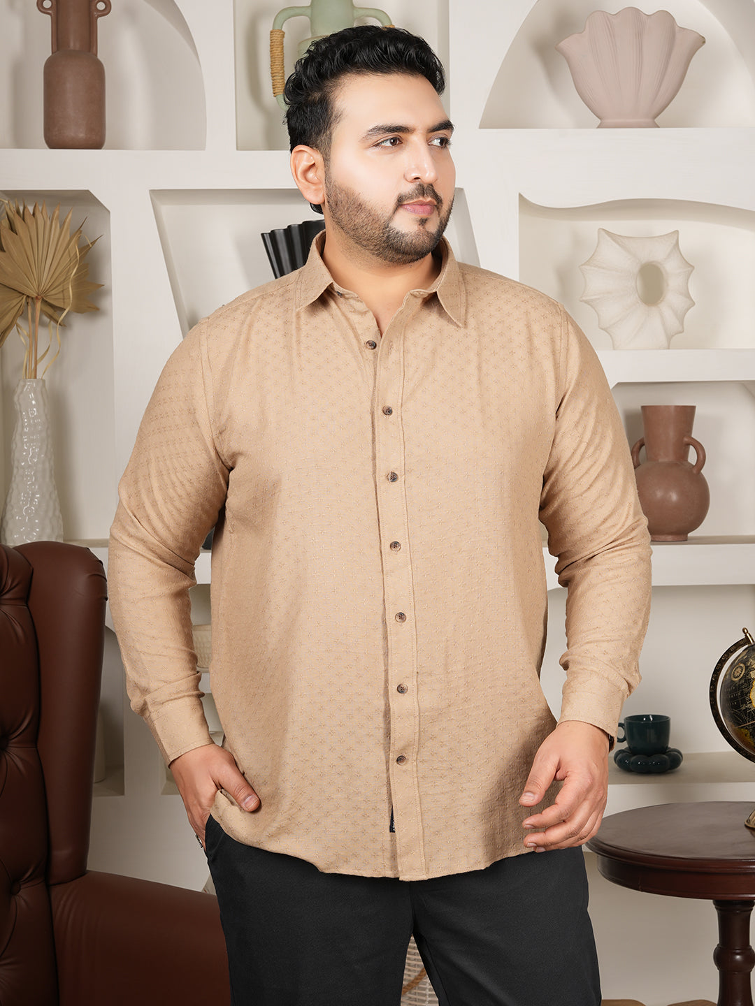 Men’s Mustard Microfiber Textured Shirt – Premium Full Sleeve Casual Wear