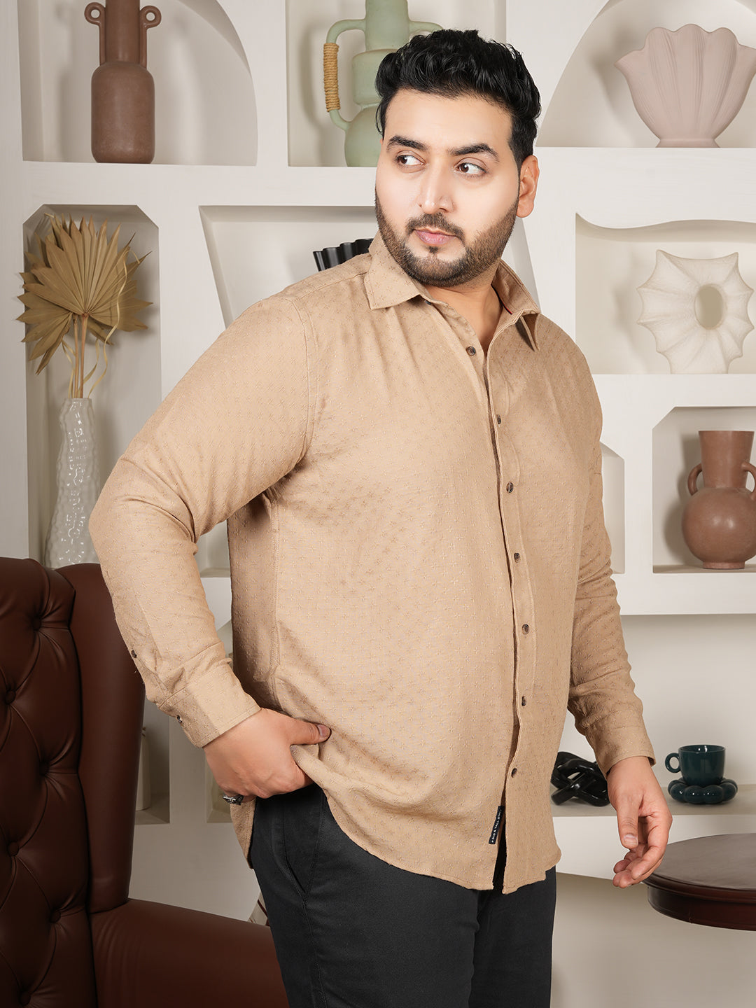 Men’s Mustard Microfiber Textured Shirt – Premium Full Sleeve Casual Wear