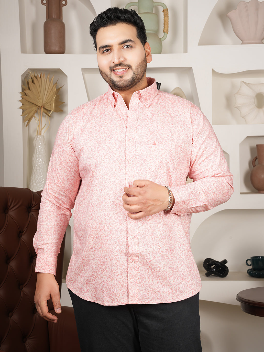 Men’s Coral Peach Printed Stretch Shirt – Cotton Blend Smart Casual Wear