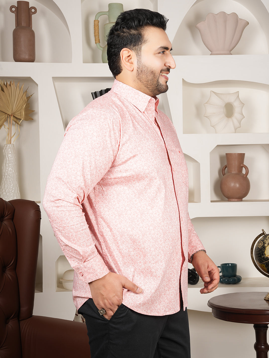 Men’s Coral Peach Printed Stretch Shirt – Cotton Blend Smart Casual Wear