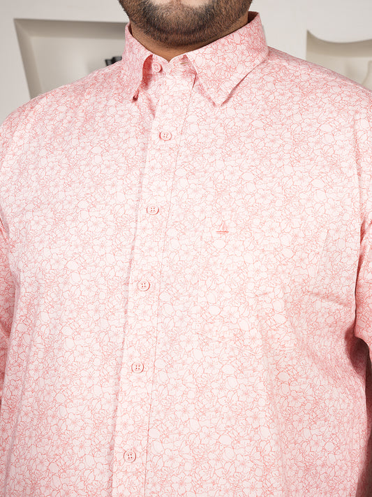 Men’s Coral Peach Printed Stretch Shirt – Cotton Blend Smart Casual Wear