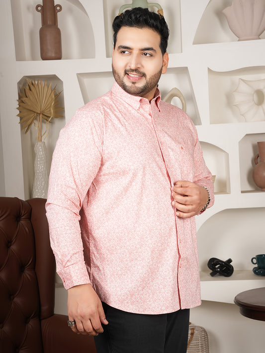 Men’s Coral Peach Printed Stretch Shirt – Cotton Blend Smart Casual Wear