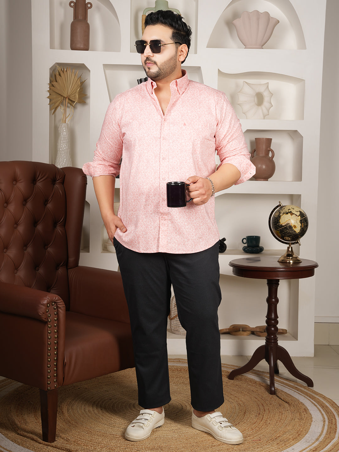 Men’s Coral Peach Printed Stretch Shirt – Cotton Blend Smart Casual Wear