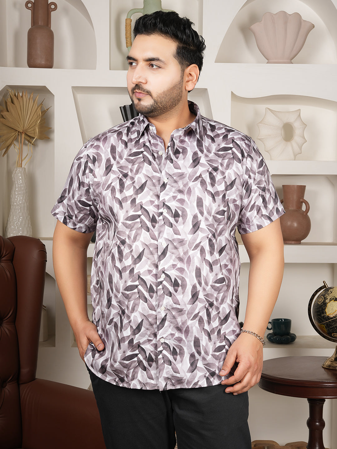 Premium Men’s Casual Shirt in 100% Cotton with brown Leaf Print