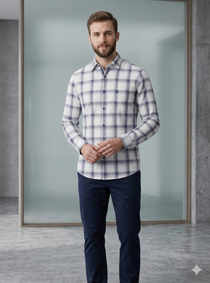 Men’s Navy Blue Checked Casual Shirt