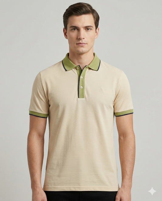 Men's Beige Polo T-Shirt with Green Contrast Collar | Premium Casual T-Shirt