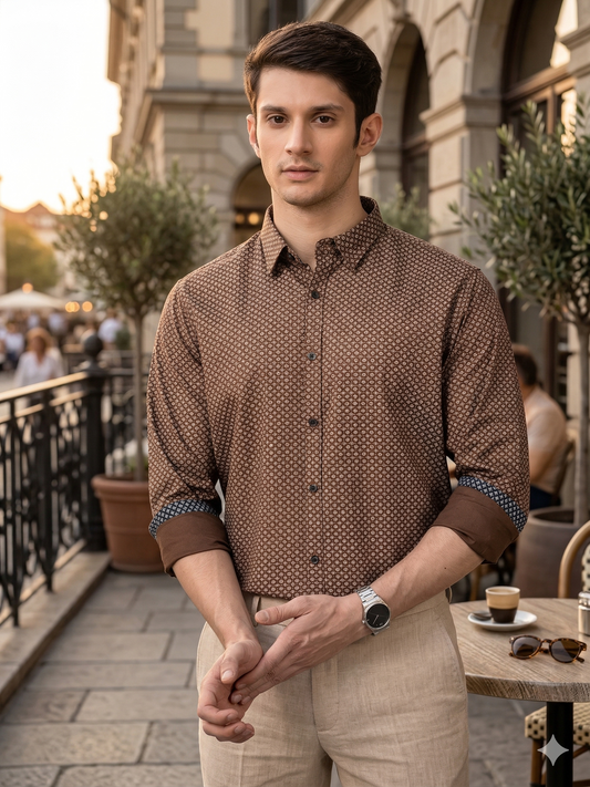 Canoe Men Casual Shirt Brown Blue Color Cotton Fabric Button Closure Printed