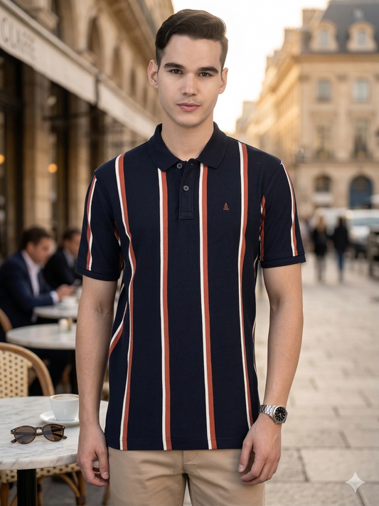 Canoe Men Short Sleeve Polo Neck Striped Pattern T-Shirt