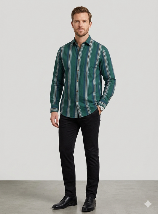 Men’s Green Vertical Striped Casual Shirt