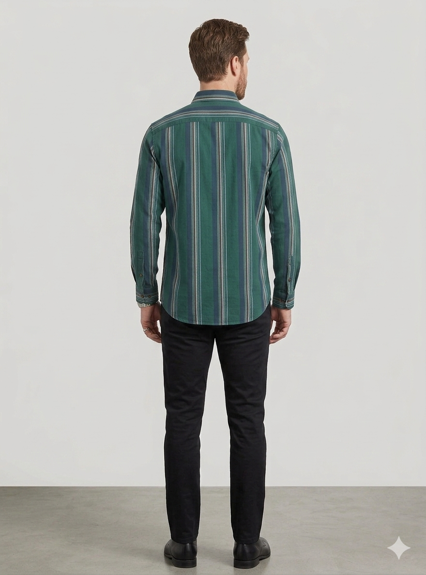 Men’s Green Vertical Striped Casual Shirt