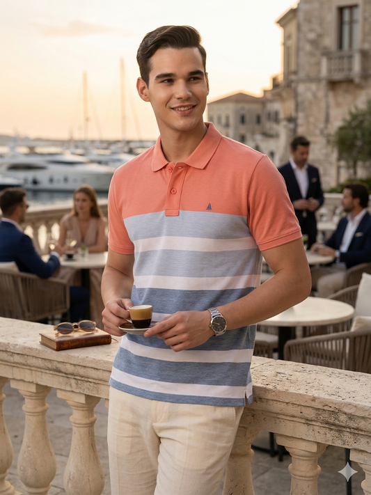 Canoe Men Short Sleeve Polo Neck Striped Pattern T-Shirt