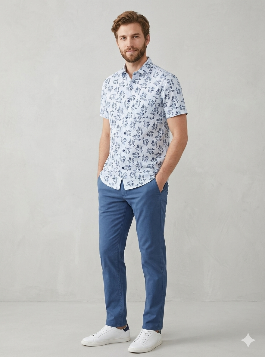 Men’s White Floral Print Half Sleeve Casual Shirt