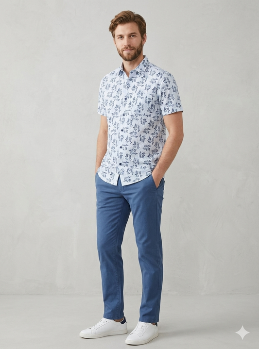 Men’s White Floral Print Half Sleeve Casual Shirt
