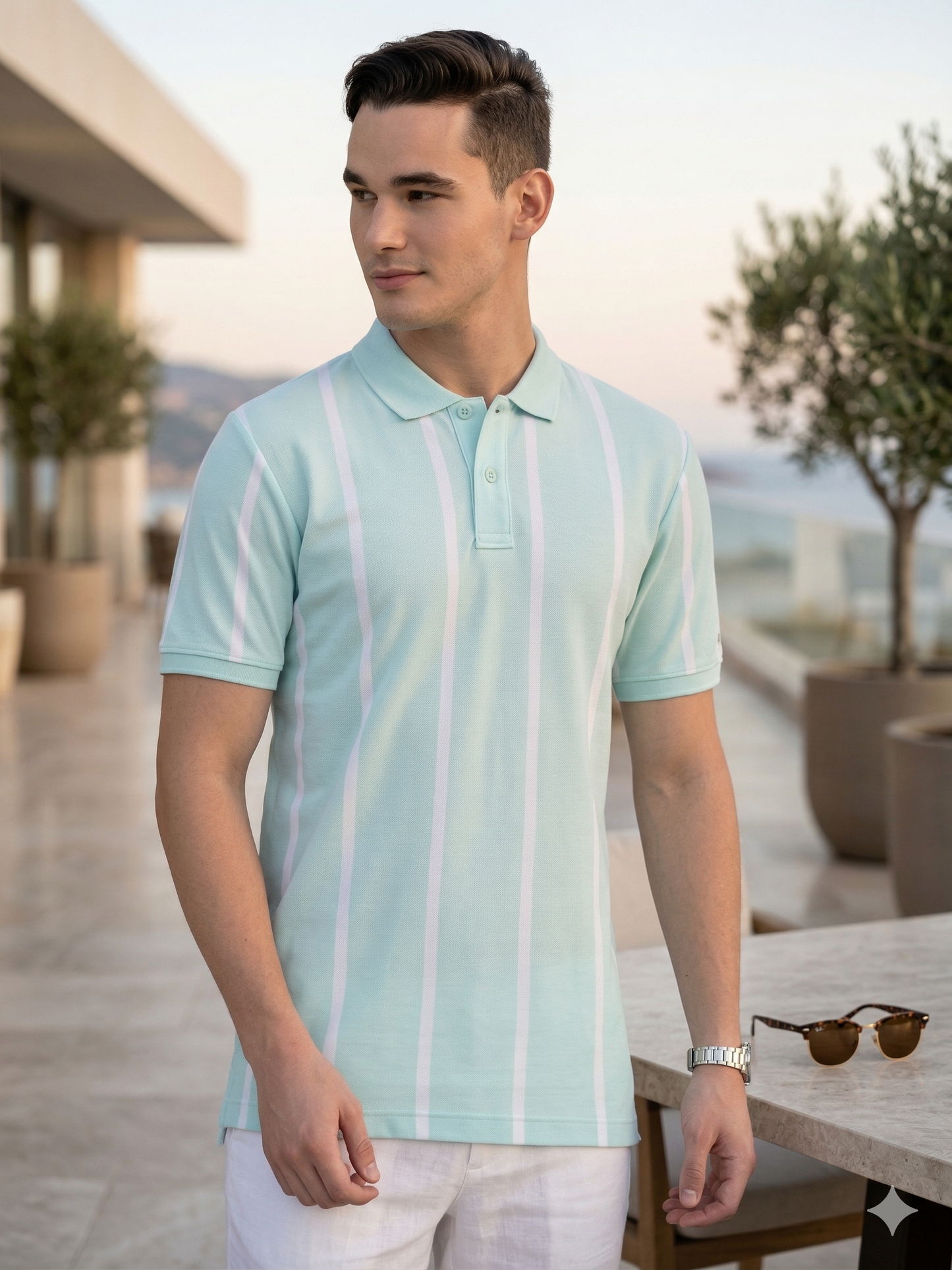 Canoe Men Short Sleeve Polo Neck Striped Pattern T-Shirt