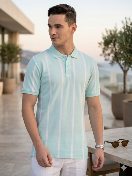 Canoe Men Short Sleeve Polo Neck Striped Pattern T-Shirt