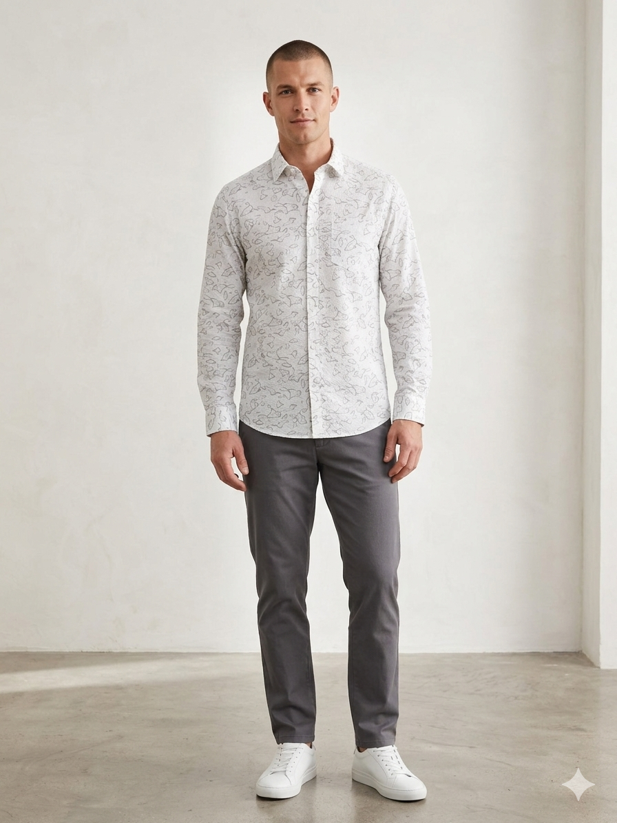 Men’s Slim Fit Minimal Abstract Printed Shirt – Light Grey Premium Casual Wear