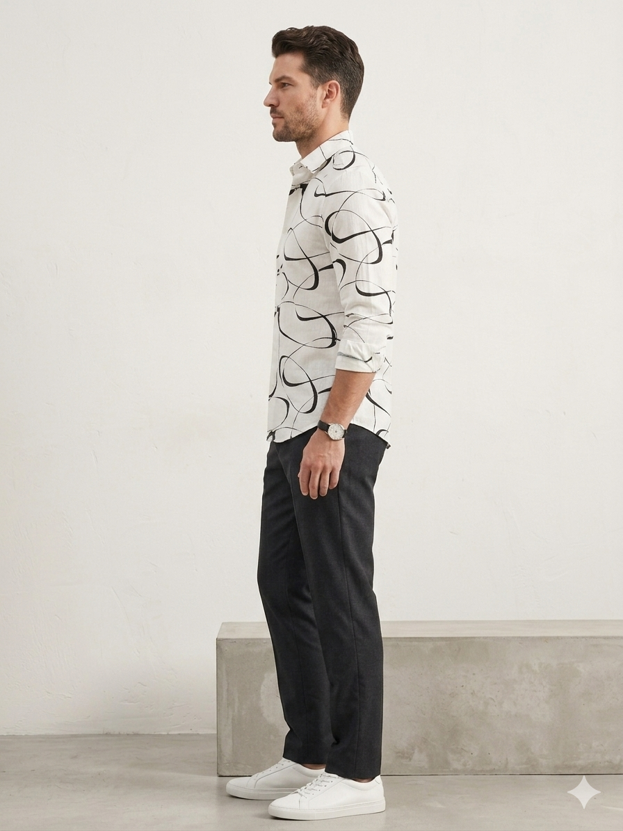 Men’s Slim Fit Abstract Line Printed Shirt – White & Black Premium Casual Wear