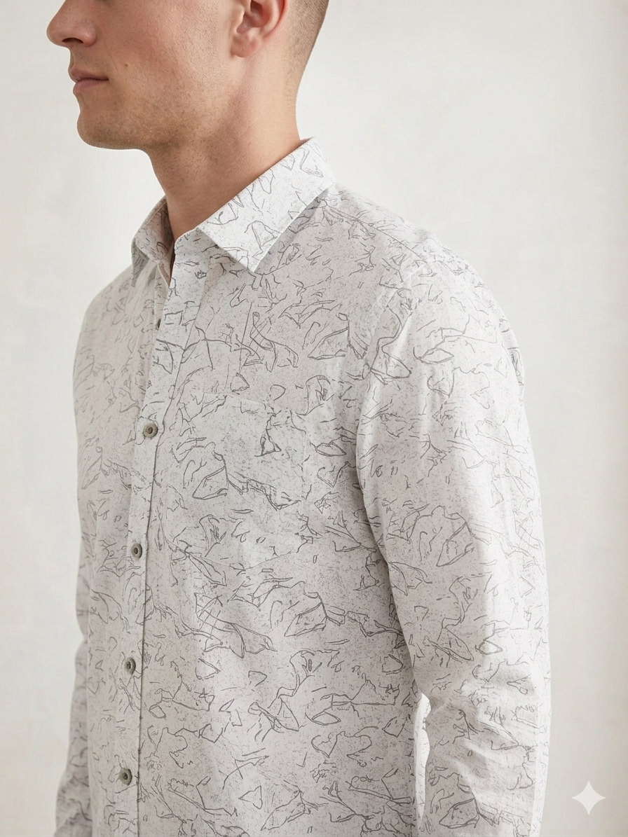 Men’s Slim Fit Minimal Abstract Printed Shirt – Light Grey Premium Casual Wear