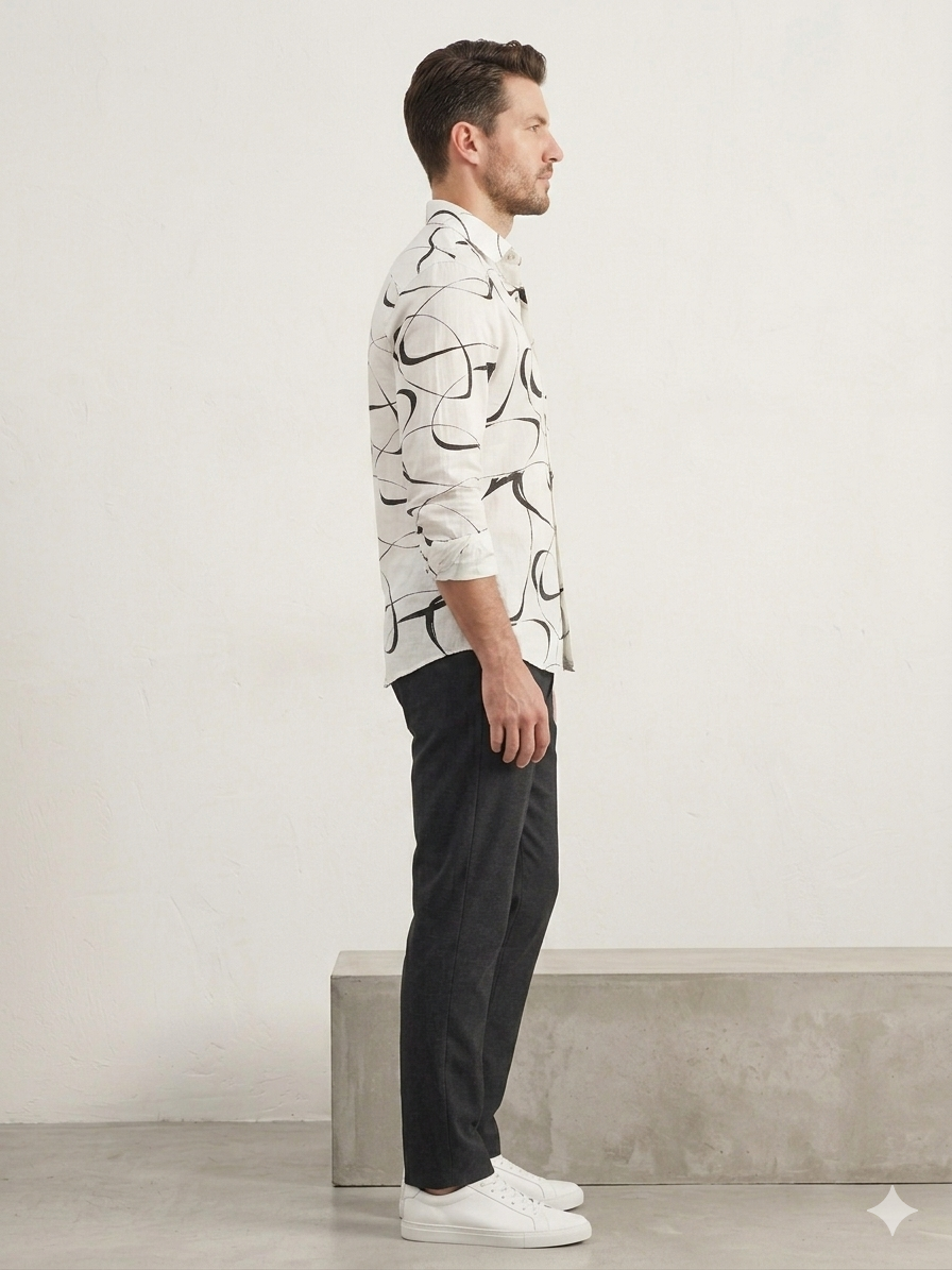 Men’s Slim Fit Abstract Line Printed Shirt – White & Black Premium Casual Wear