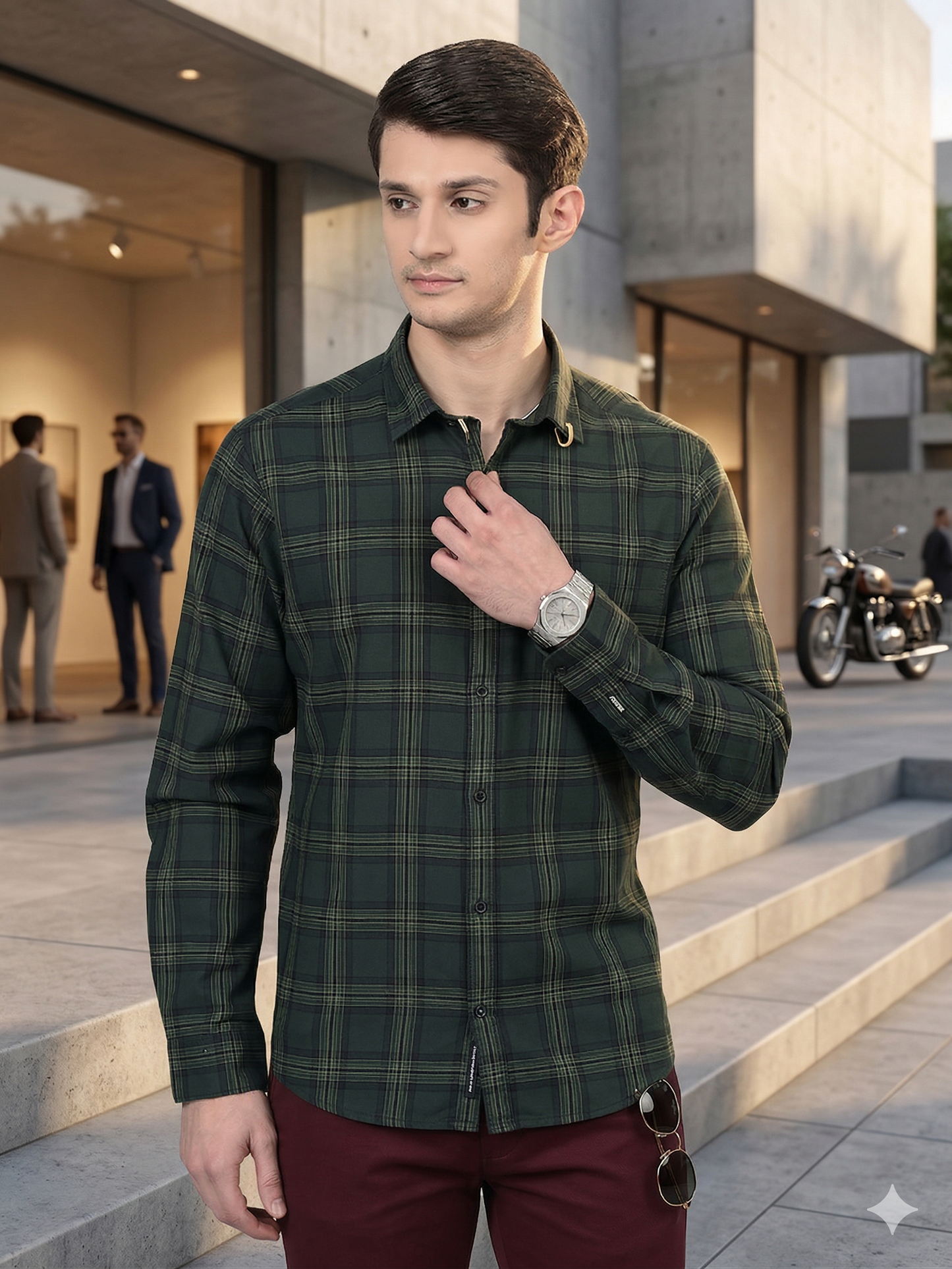 Canoe Men Casual Shirt Cotton Fabric Button Closure Checked