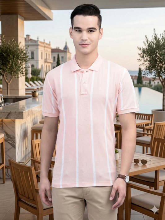 Canoe Men Short Sleeve Polo Neck Striped Pattern T-Shirt