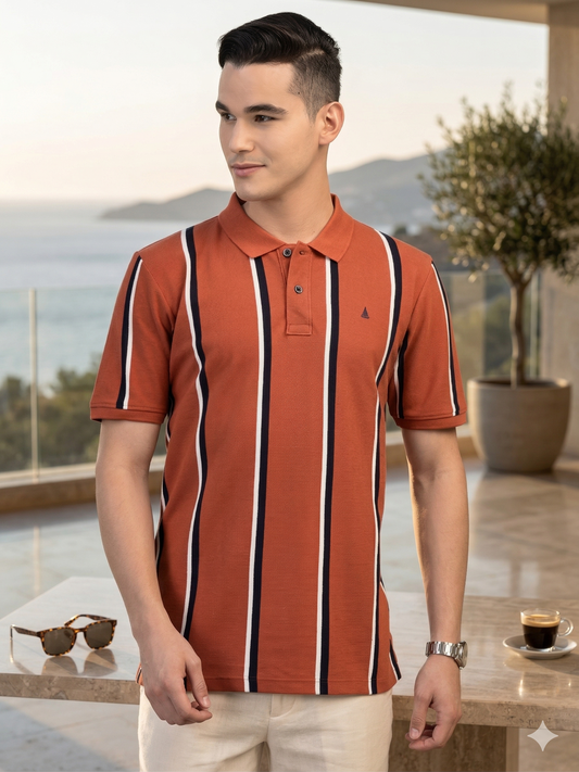 Canoe Men Short Sleeve Polo Neck Striped Pattern T-Shirt