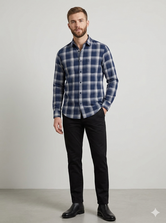 Men’s Navy Blue Checked Casual Shirt