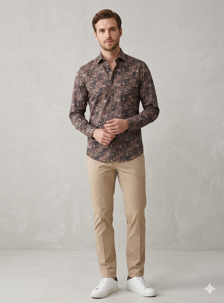 Men’s Brown Geometric Print Casual Shirt