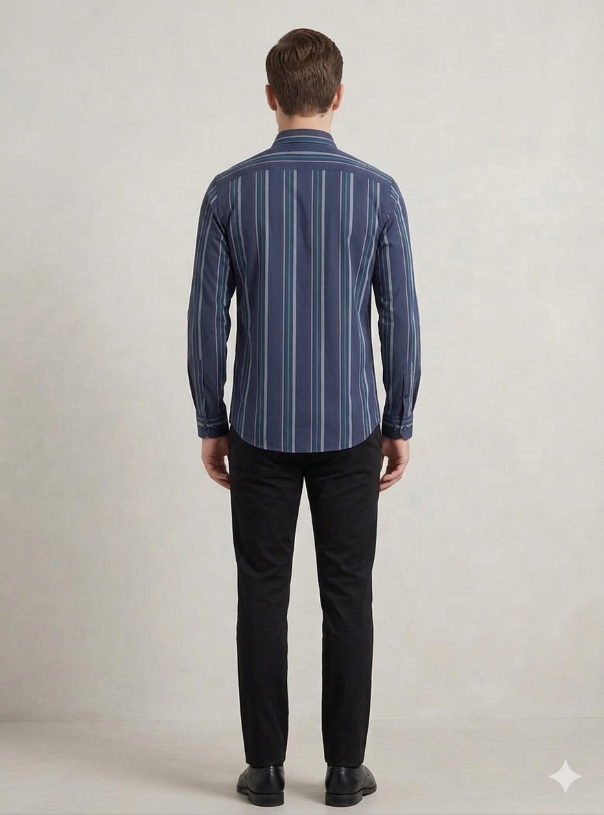 Men’s Navy Blue Vertical Striped Casual Shirt