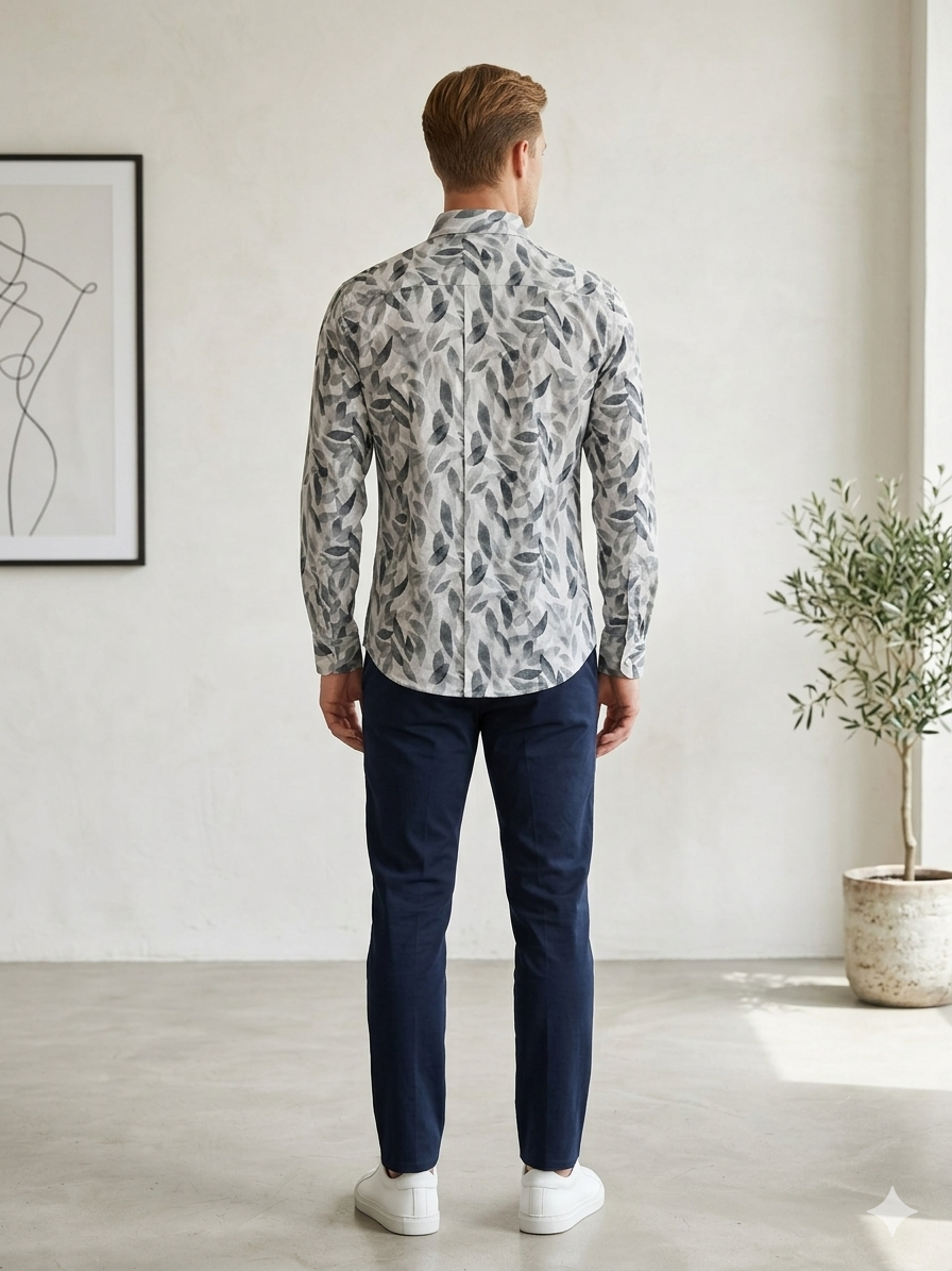 Men’s Grey Leaf Print Casual Shirt | Premium Casual Wear