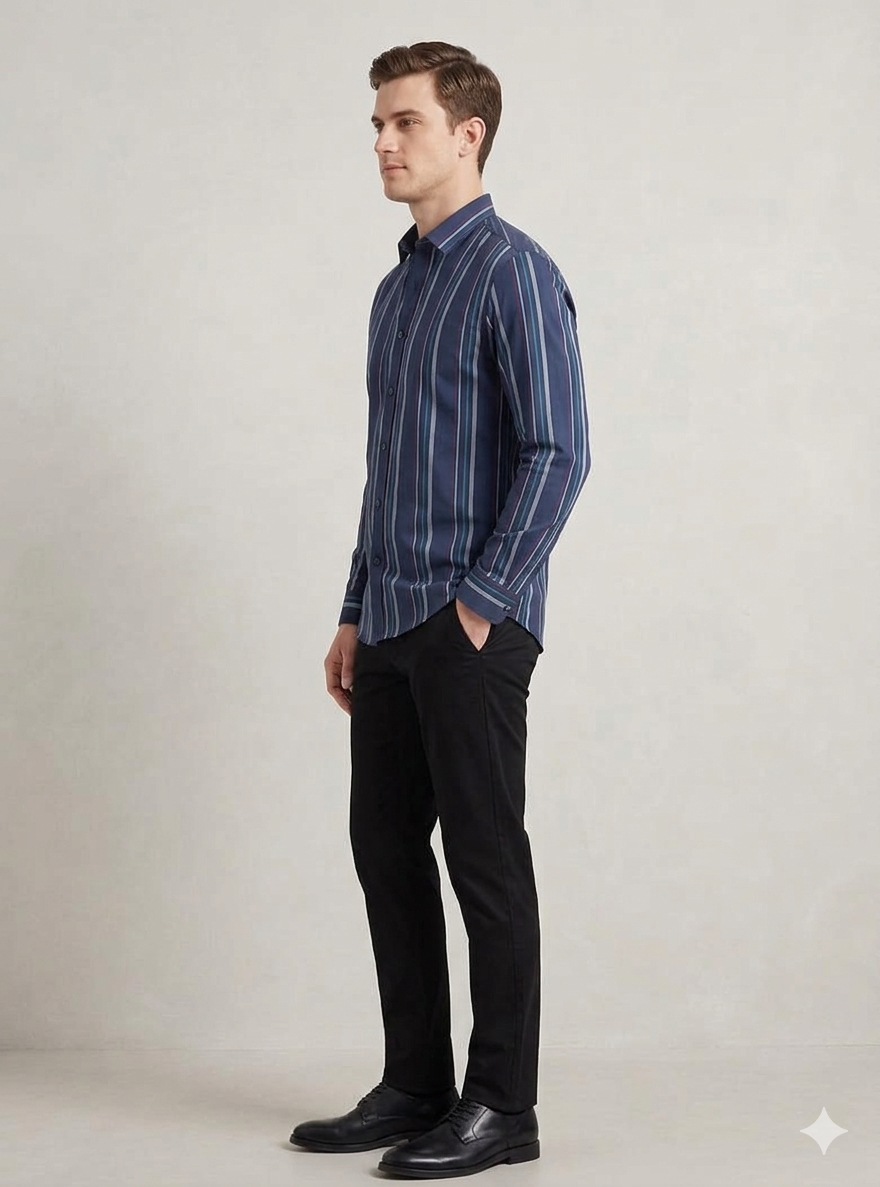 Men’s Navy Blue Vertical Striped Casual Shirt