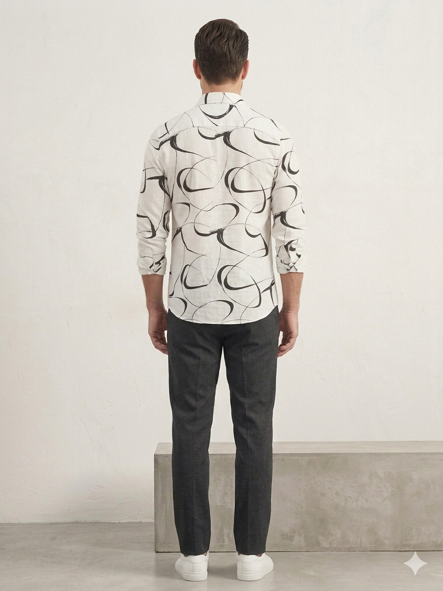 Men’s Slim Fit Abstract Line Printed Shirt – White & Black Premium Casual Wear