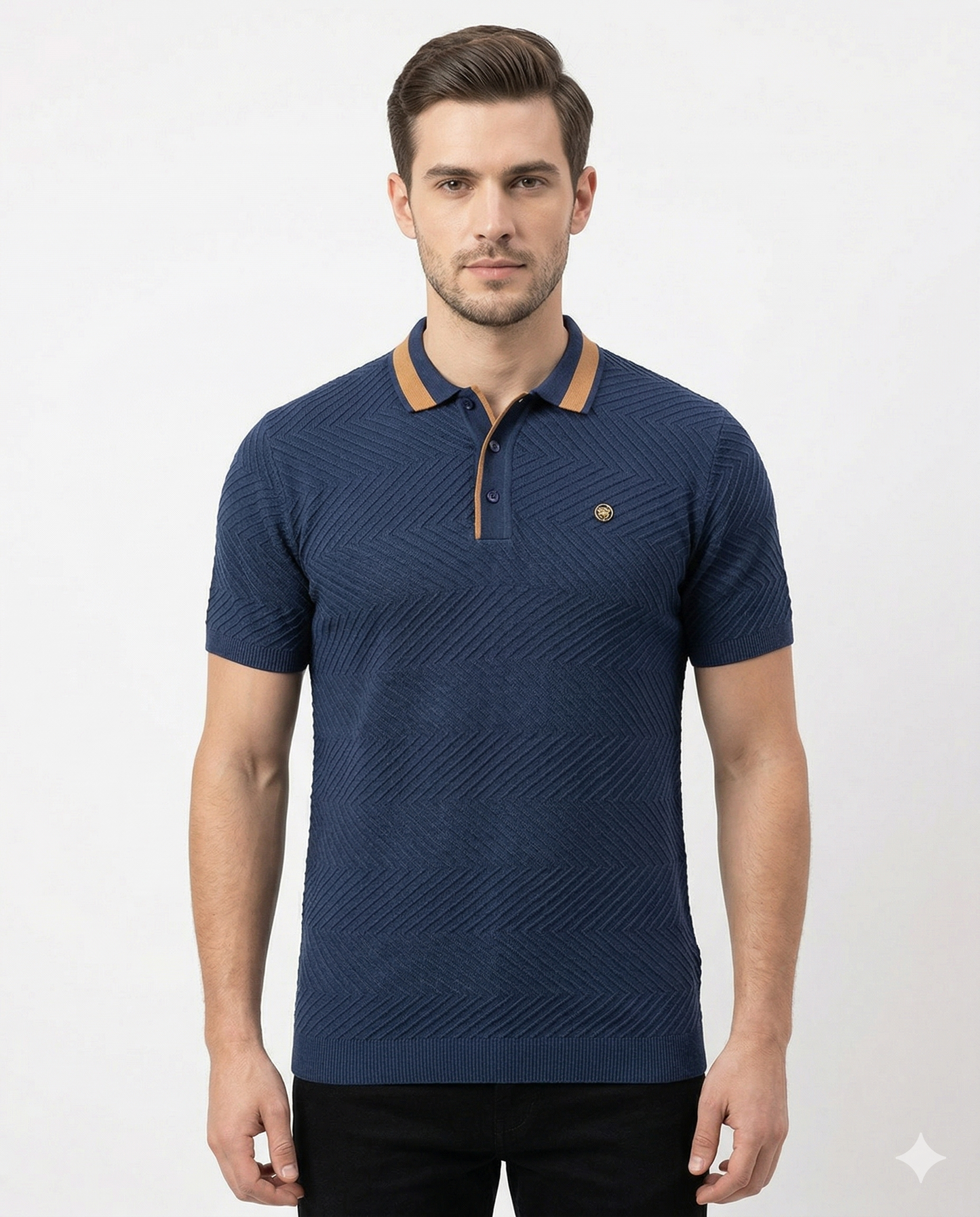 Men's Navy Blue Textured Polo T-Shirt | Premium Cotton Smart Casual Collar T-Shirt