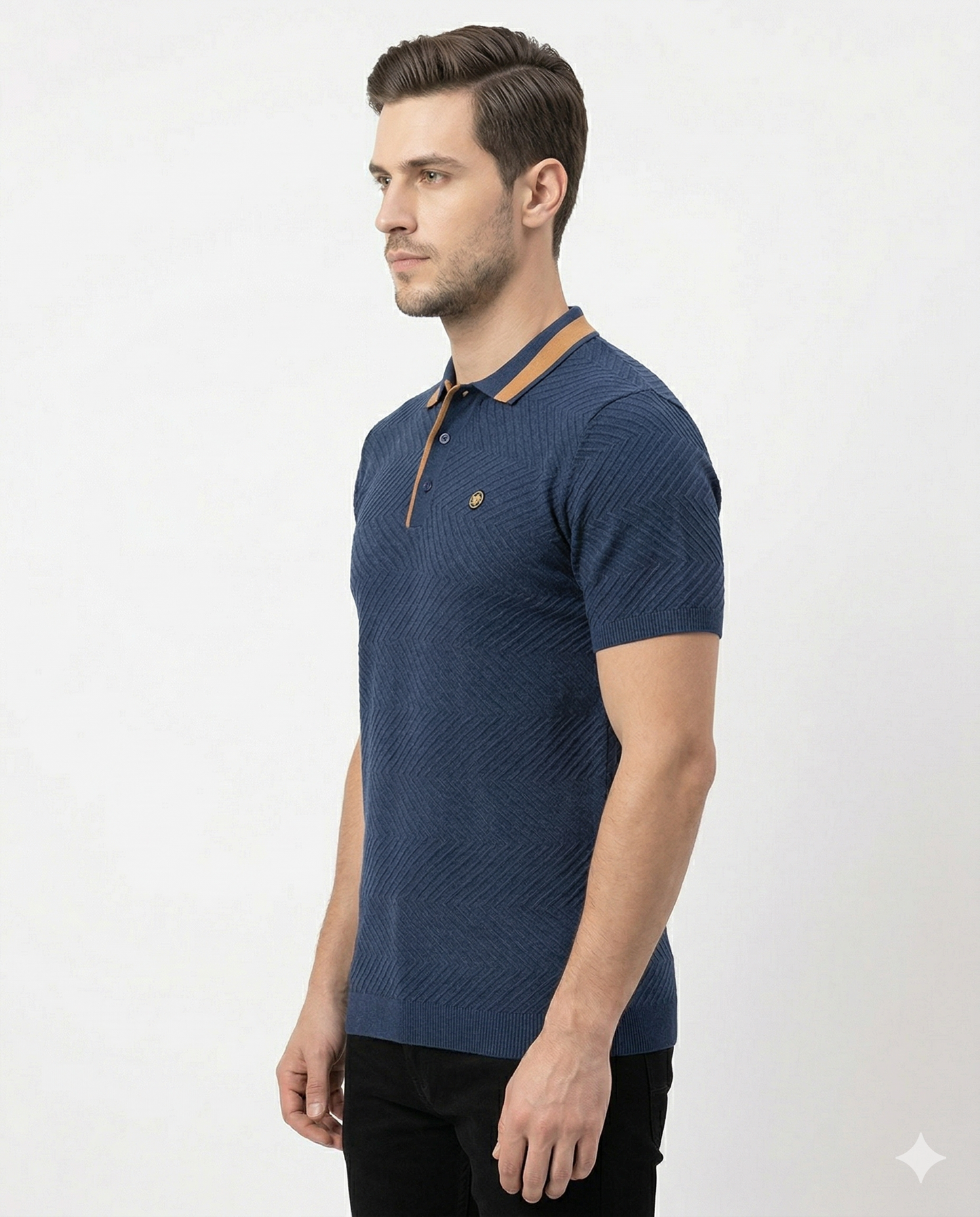 Men's Navy Blue Textured Polo T-Shirt | Premium Cotton Smart Casual Collar T-Shirt