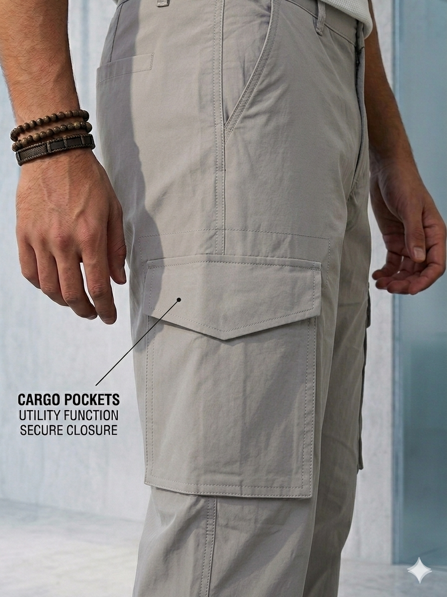 Premium Light Grey Stretchable Cargo Pants for Men | Moisture Wicking Utility Trousers
