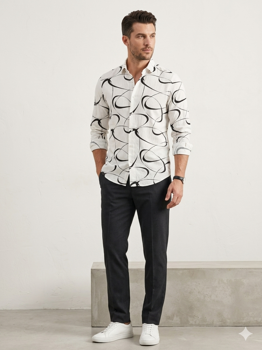 Men’s Slim Fit Abstract Line Printed Shirt – White & Black Premium Casual Wear