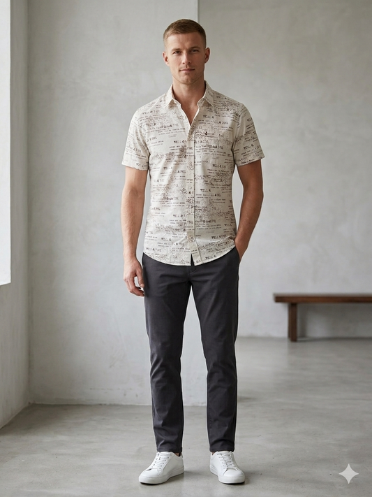 Men’s Premium Beige Printed Slim Fit Casual Shirt