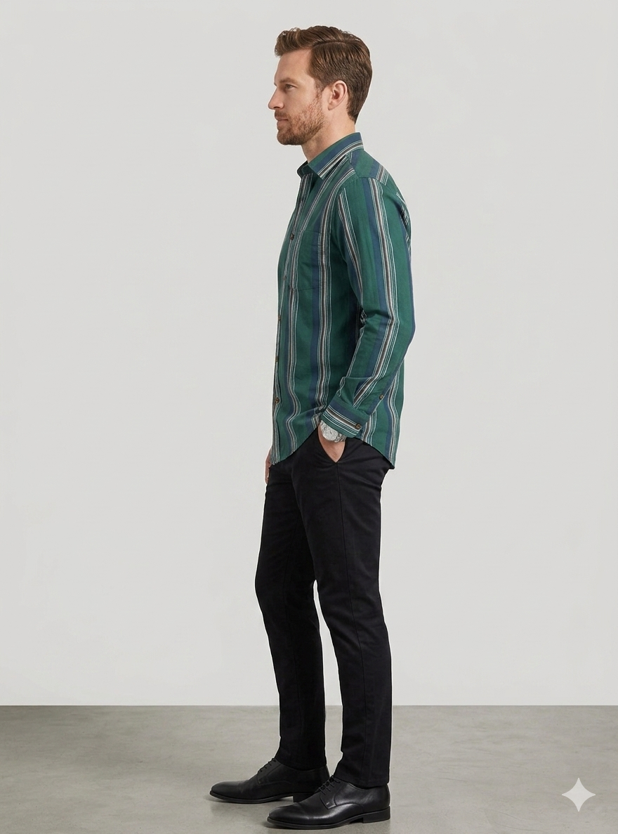 Men’s Green Vertical Striped Casual Shirt