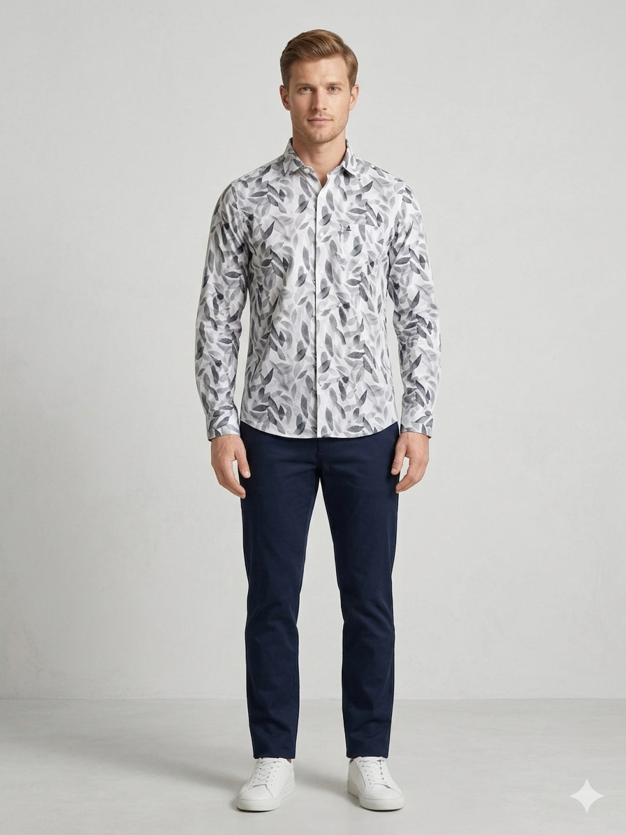 Men’s Grey Leaf Print Casual Shirt | Premium Casual Wear