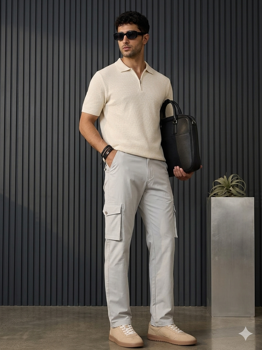 Premium Light Grey Stretchable Cargo Pants for Men | Moisture Wicking Utility Trousers
