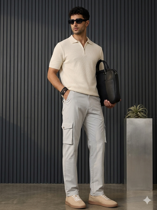Premium Light Grey Stretchable Cargo Pants for Men | Moisture Wicking Utility Trousers