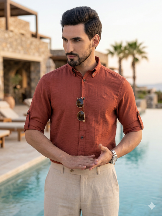 Canoe Men Long Sleeve Button Down Collar Casual Shirt