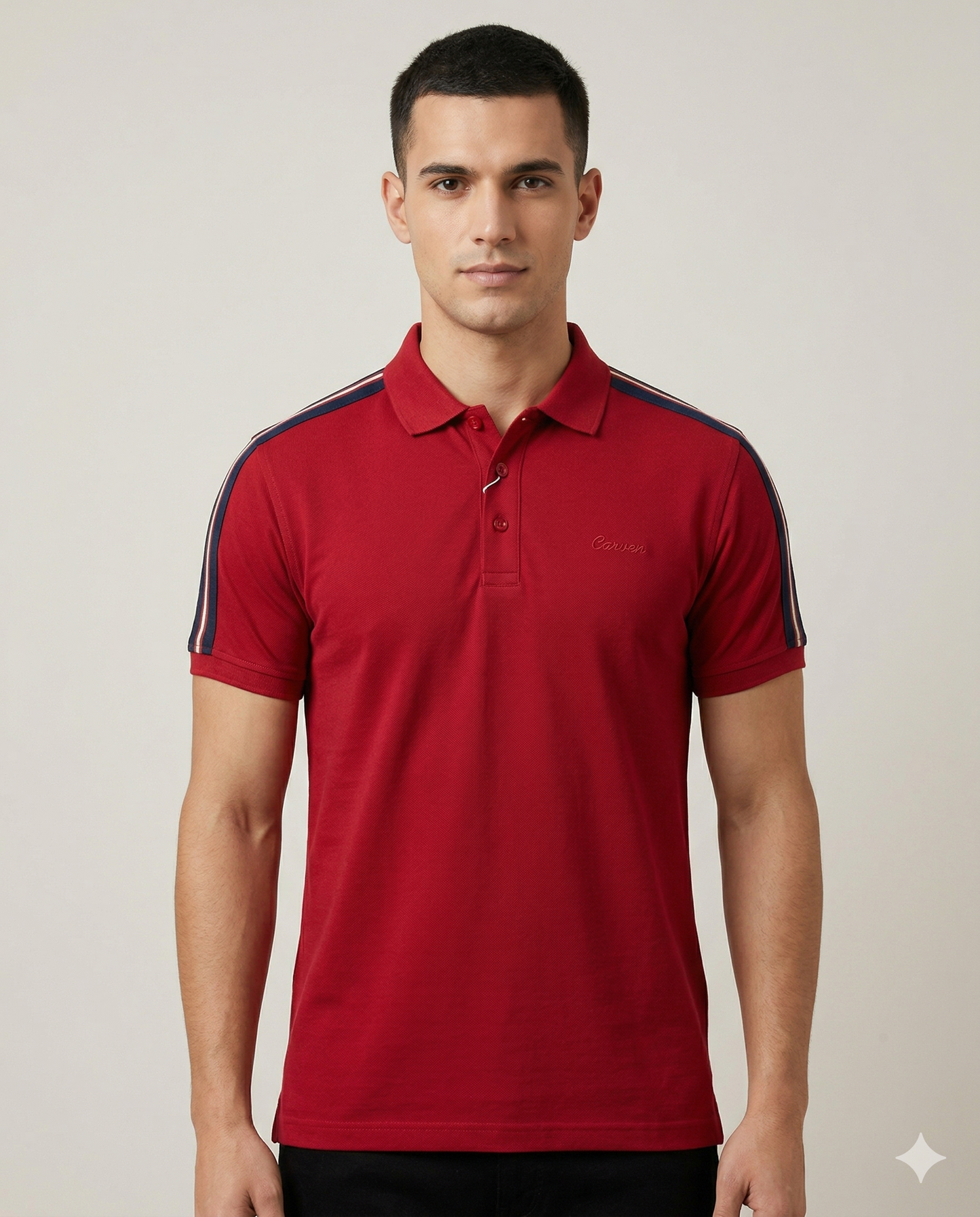 Men's Red Polo T-Shirt with Contrast Sleeve Stripes | Premium Cotton Smart Casual T-Shirt