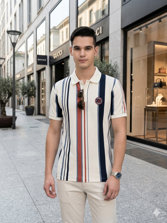 Canoe Men Short Sleeve Polo Neck Striped Pattern T-Shirt