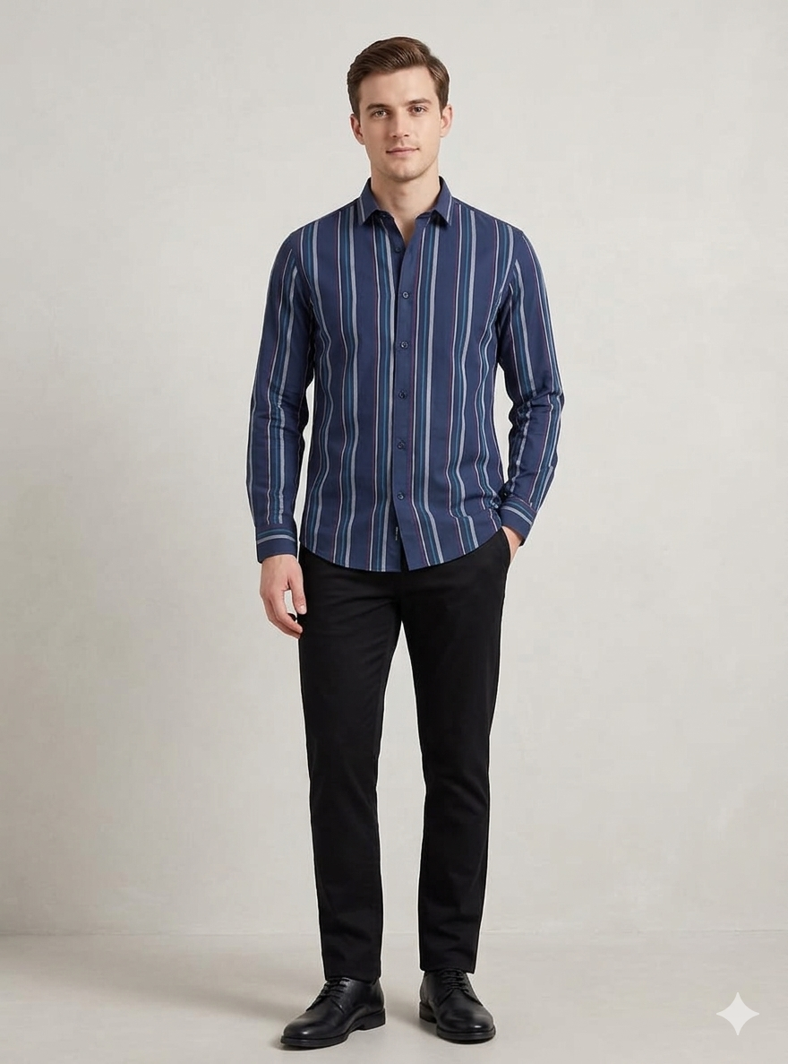 Men’s Navy Blue Vertical Striped Casual Shirt