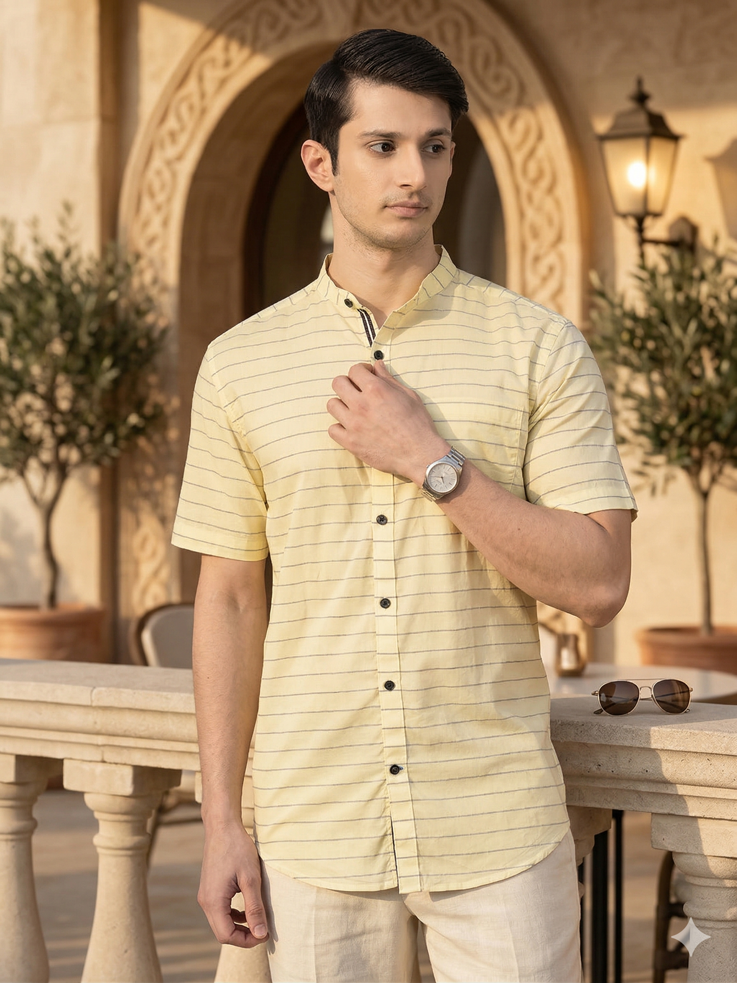 Canoe Men Casual Shirt Cream Color Cotton Fabric Button Closure Striped