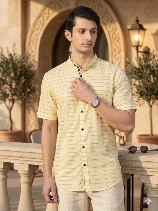 Canoe Men Casual Shirt Cream Color Cotton Fabric Button Closure Striped