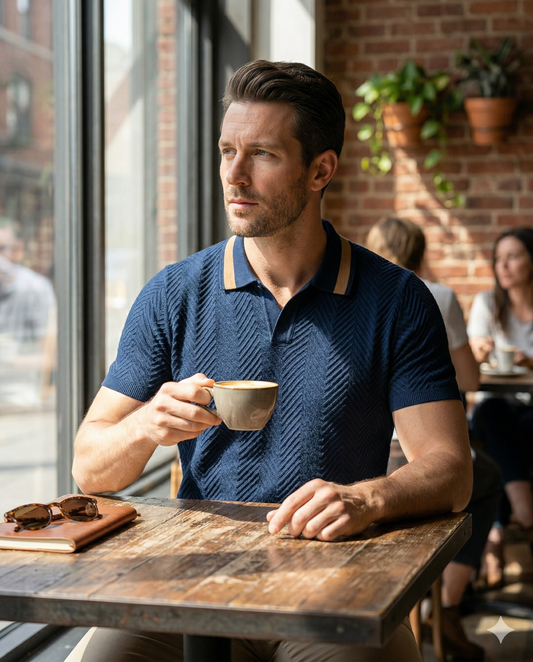 Men's Navy Blue Textured Polo T-Shirt | Premium Cotton Smart Casual Collar T-Shirt