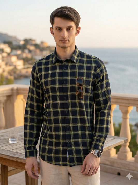 Canoe Men Casual Shirt Green Color Cotton Fabric Button Closure Checked