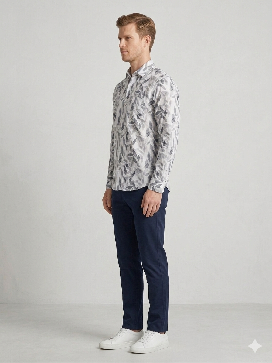 Men’s Grey Leaf Print Casual Shirt | Premium Casual Wear